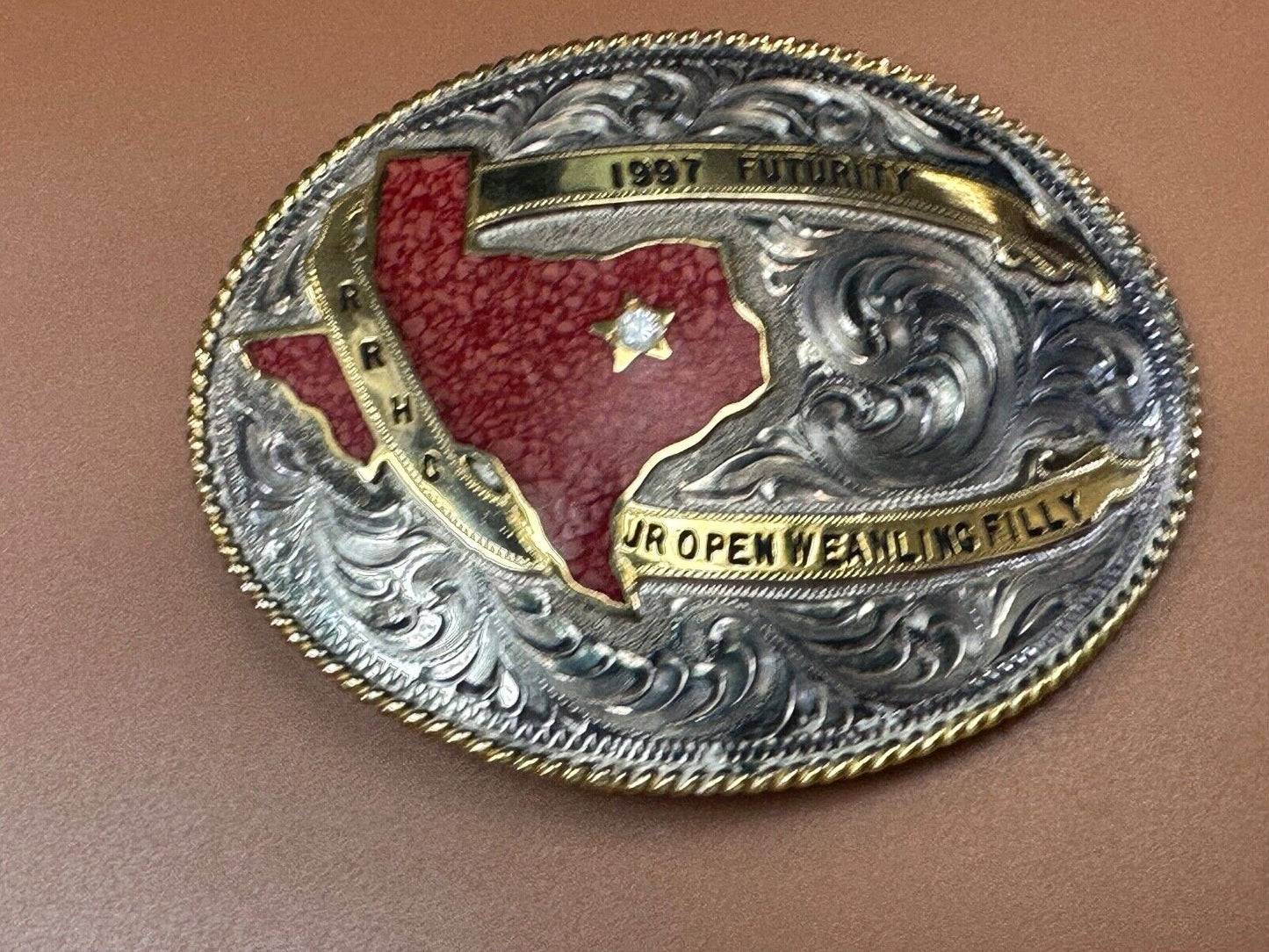 TEXAS Inlaid Coral Chip JR Open Weanling Filly 1997 Futurity Trophy belt buckle