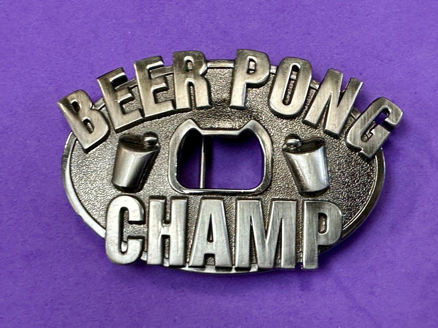 vintage beer pong champ novelty belt buckle and bottle opener by Kalan
