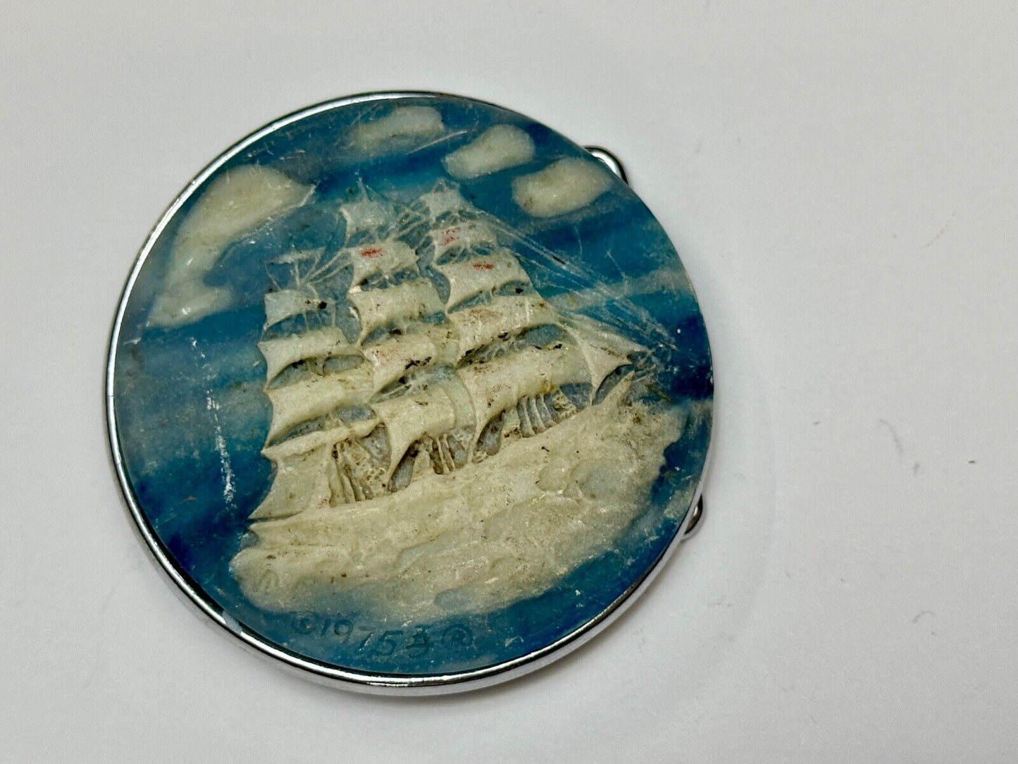 3-Masted Schooner Ship Carved Incolay Stone Cameo Vintage 1975 belt buckle