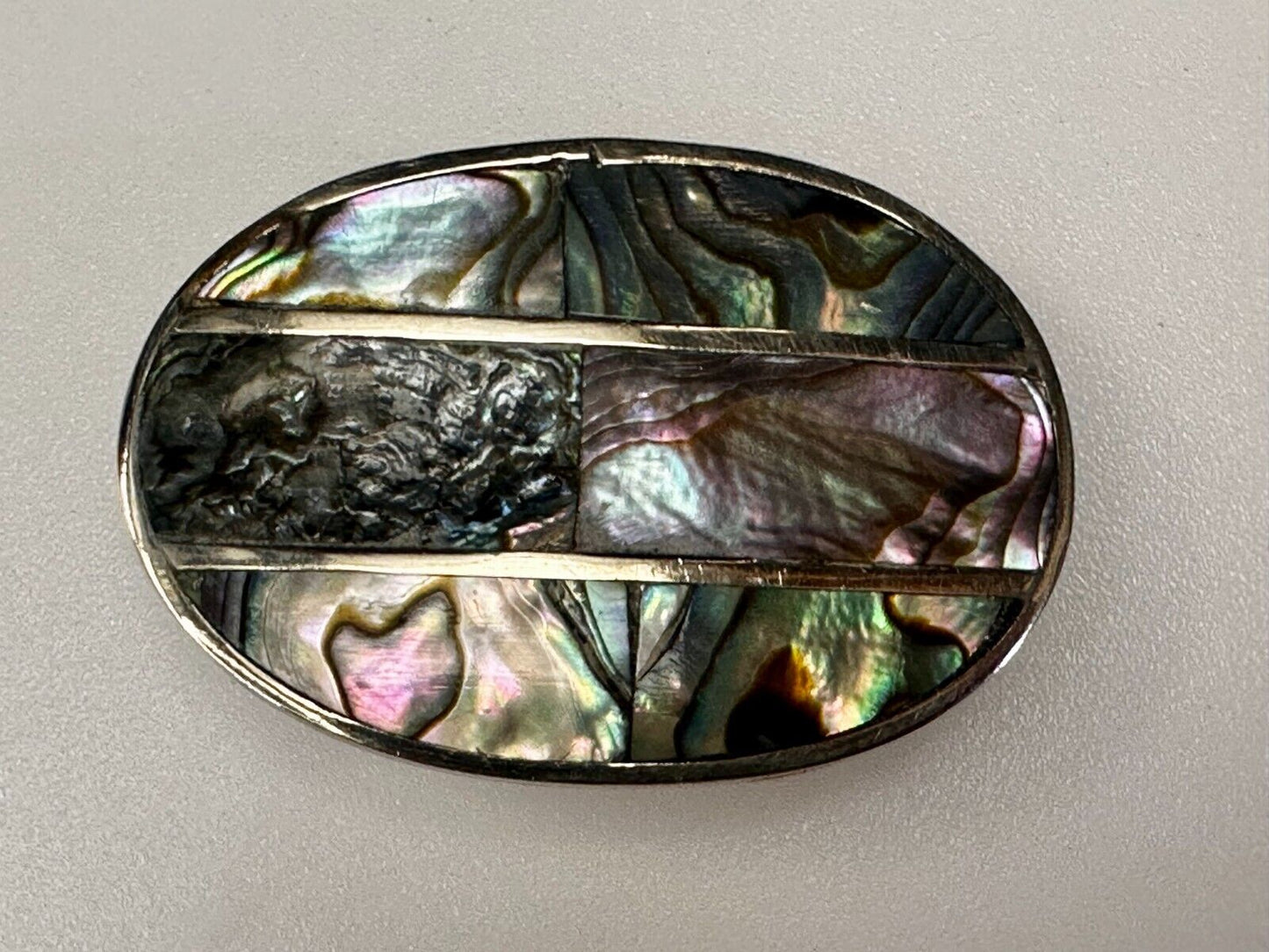 Artisan Natural Abalone Shell Vintage Oval Belt Buckle Marked Mexico