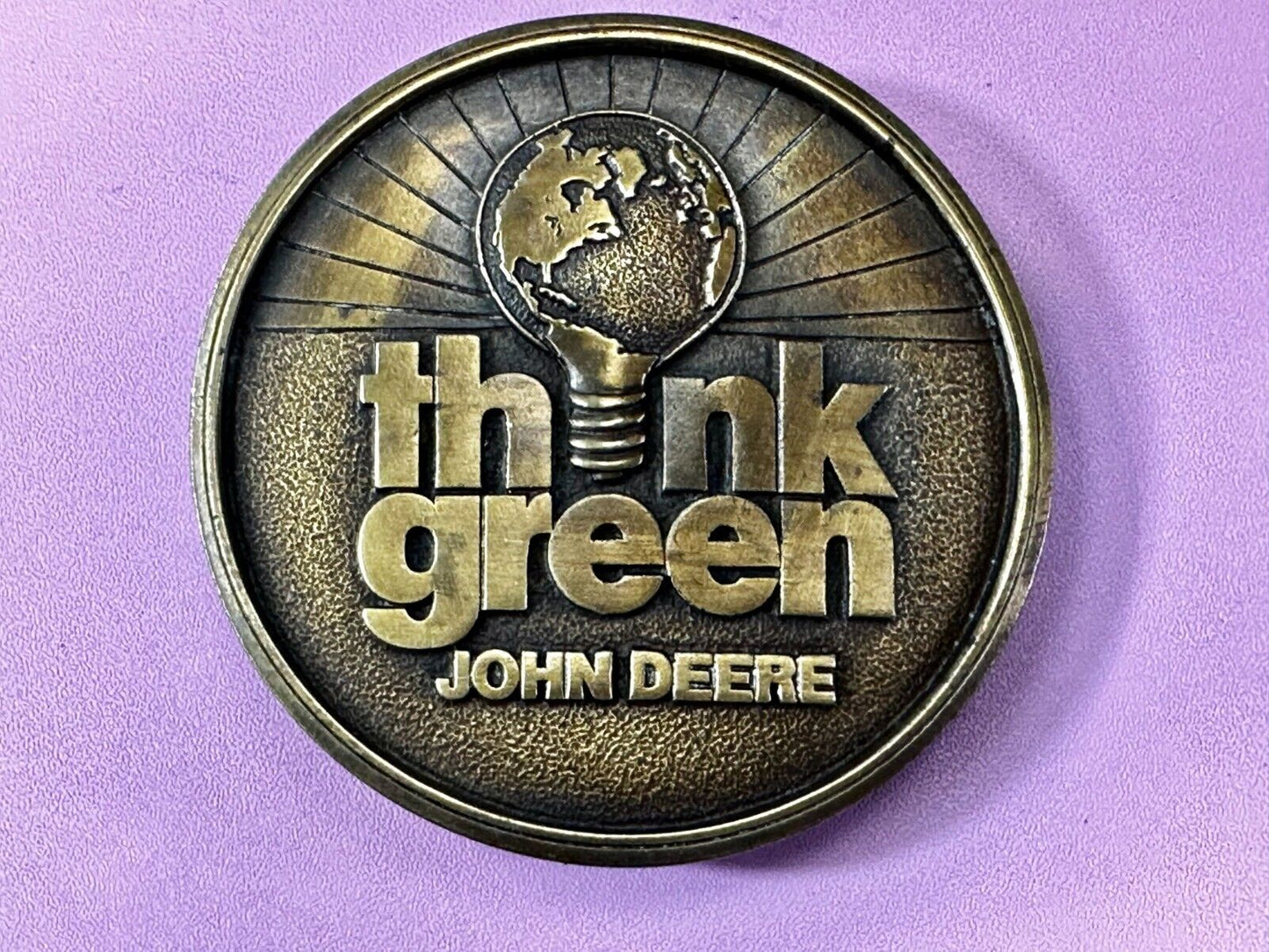 THINK GREEN - John Deere Farm Tractors Vintage Brass Tone Round Belt Buckle