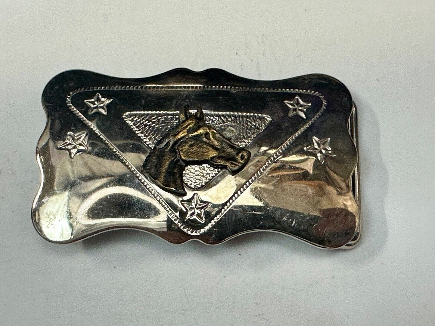 Vintage Chambers Horse head on reflective engraved USA made western Belt Buckle