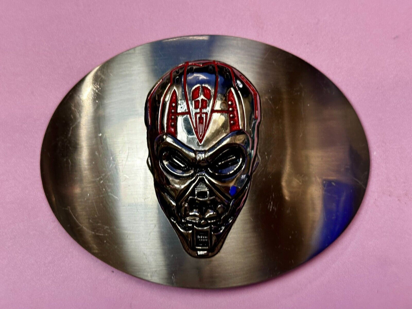 Terminator Skull Head Gothic Vibe Silver Tone Biker HUGE oval Belt Buckle