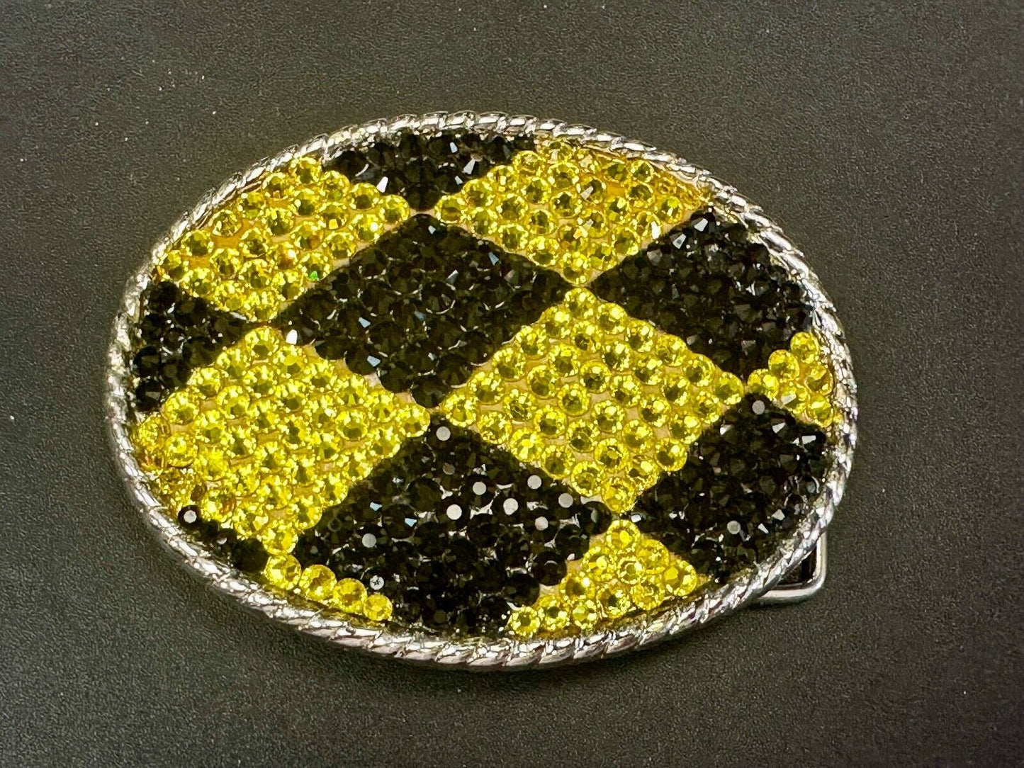 Black yellow rhinestone Jester Diamond Checkerboard pattern 3.5" belt buckle
