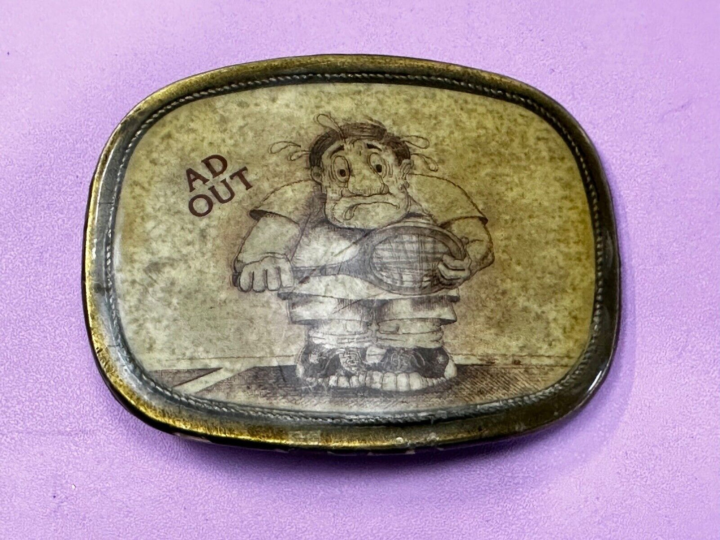 Vintage Cartoon Man AD OUT - Tennis Game Match Retro Sports Belt Buckle