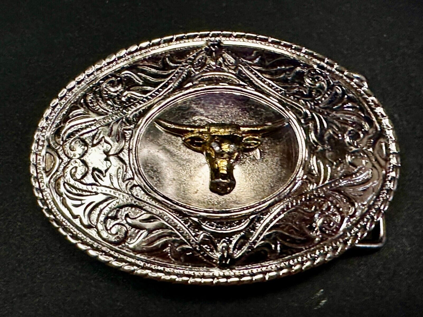 Texas Longhorn Vintage Ornate Cowboys Cowgirls Western Two Tone Belt Buckle