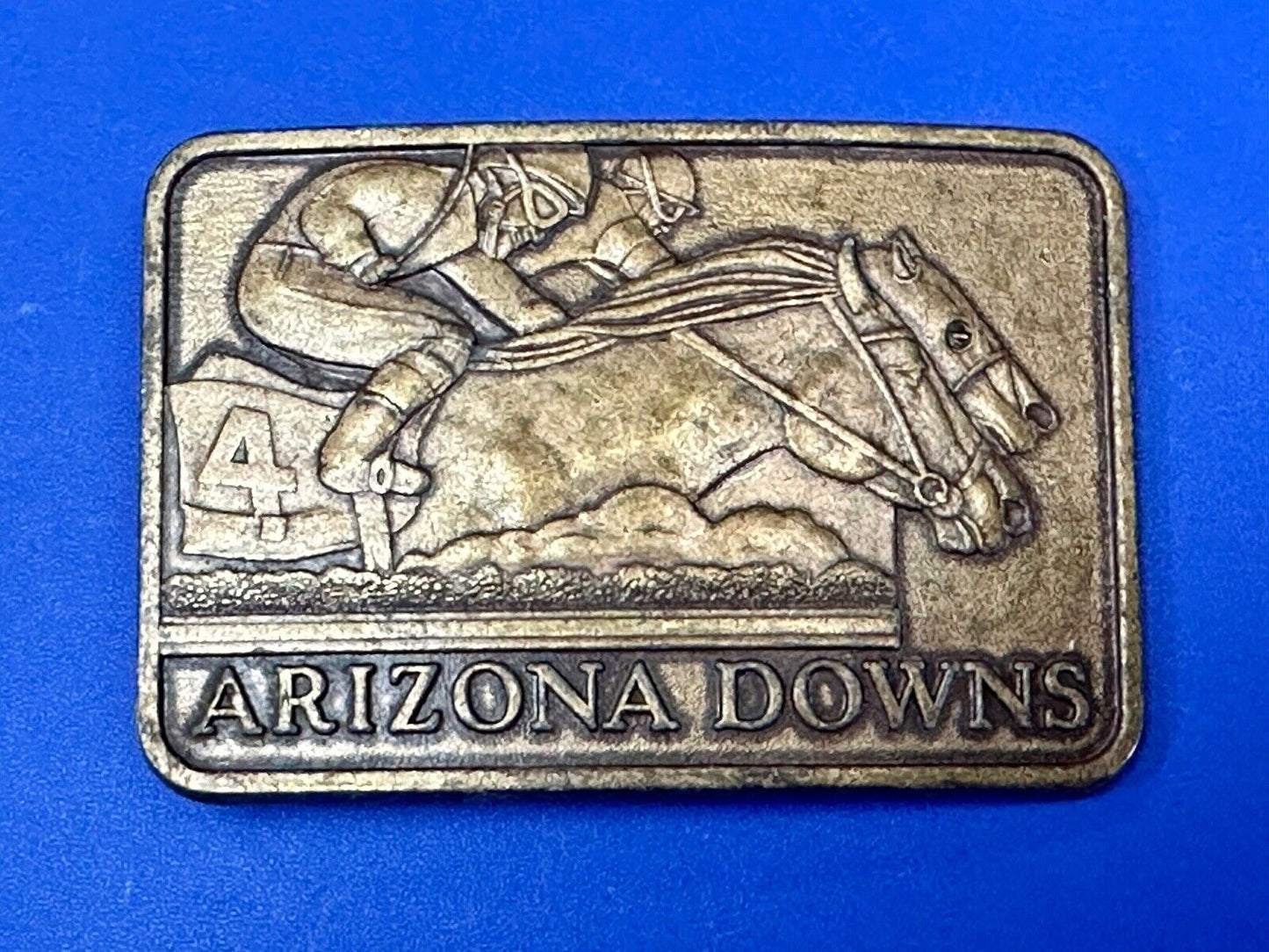 Vintage Arizona Downs Jockeys on Horses Racetrack vtg. Brass Tone Belt Buckle