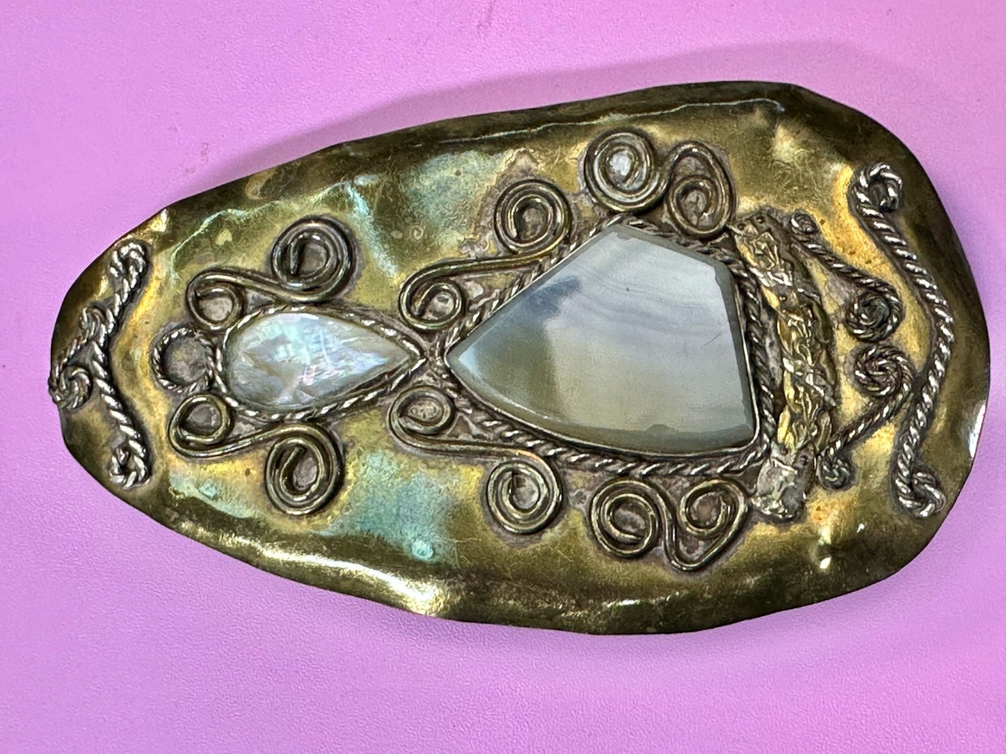 Artisan Mixed Stone Shell Art Nouveau Boho Brass Hippy Vibe Large Belt Buckle