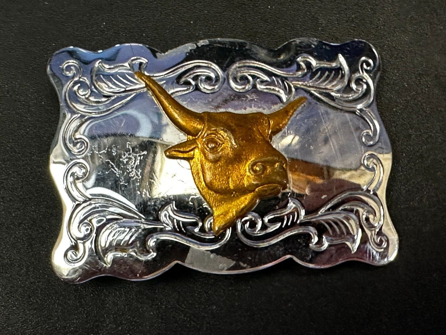 Vintage Cowboys Longhorn W/ Engraved Swirl Pattern Belt Buckle By Chambers