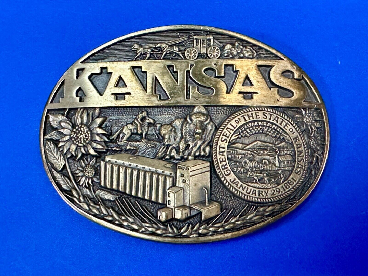 The Great State of Kansas Vintage Solid Brass ADM Belt Buckle