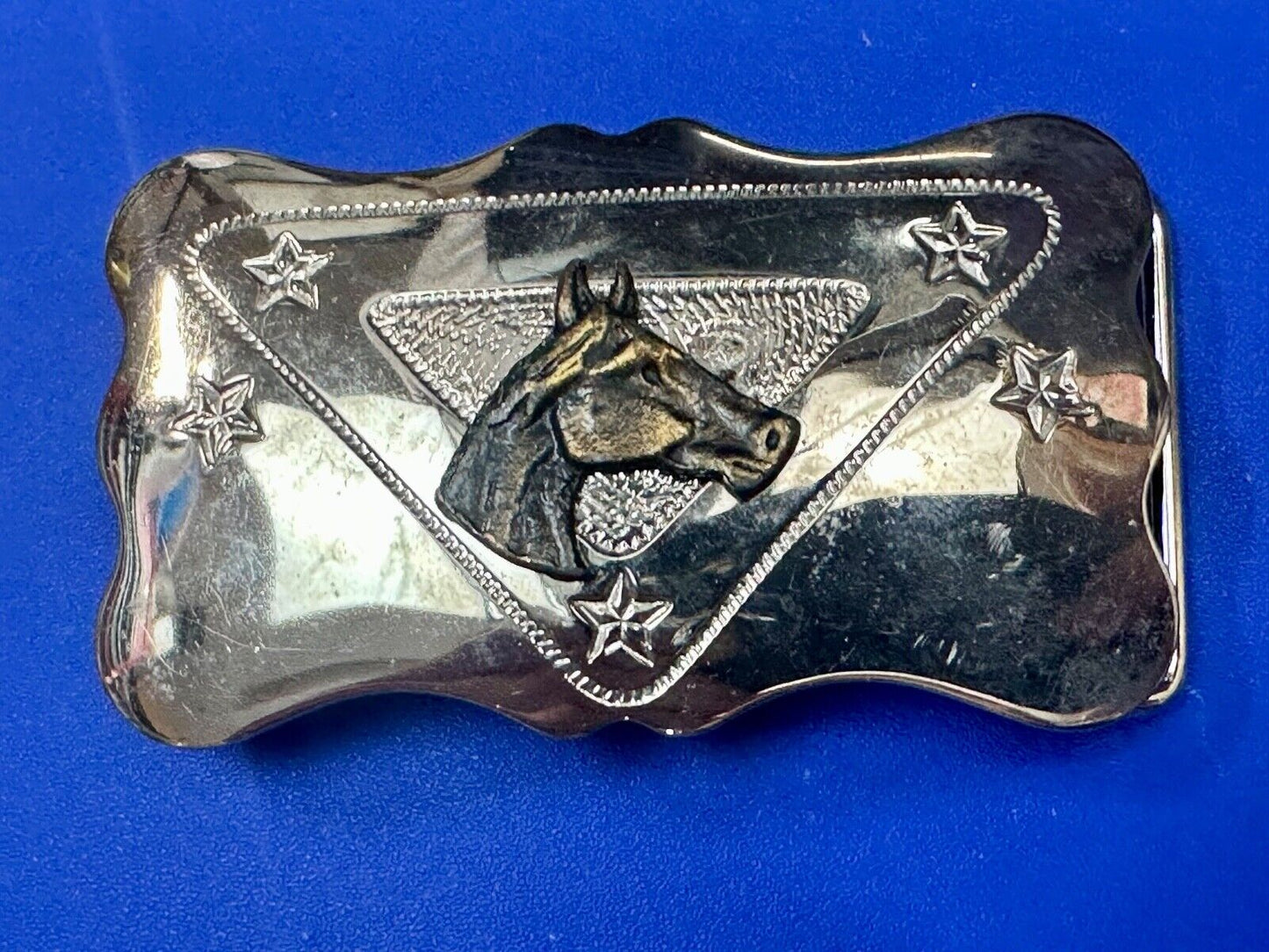 Vintage Chambers Horse head on reflective engraved USA made western Belt Buckle