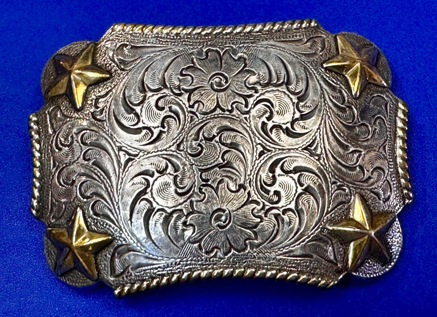 Texas Lone Star Corners Flower Swirl Ornate Western Two Tone Belt Buckle