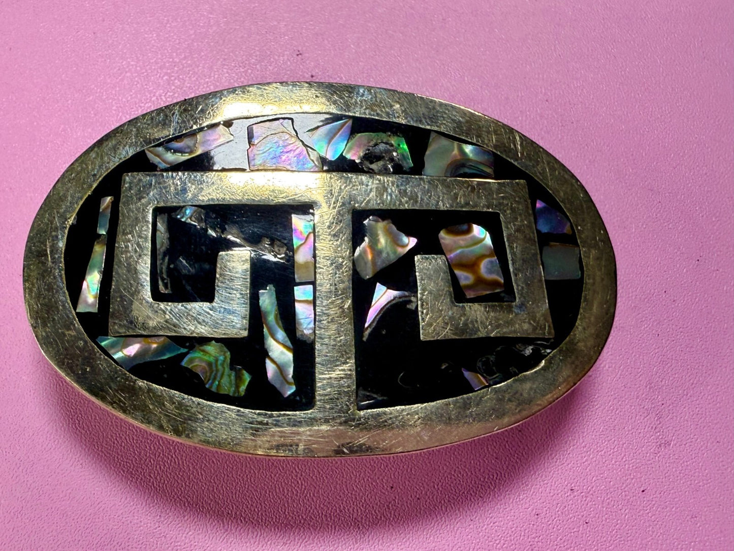 Vintage Alpaca Mexico Silver Tone Abalone Shell Pattern Oval Belt Buckle