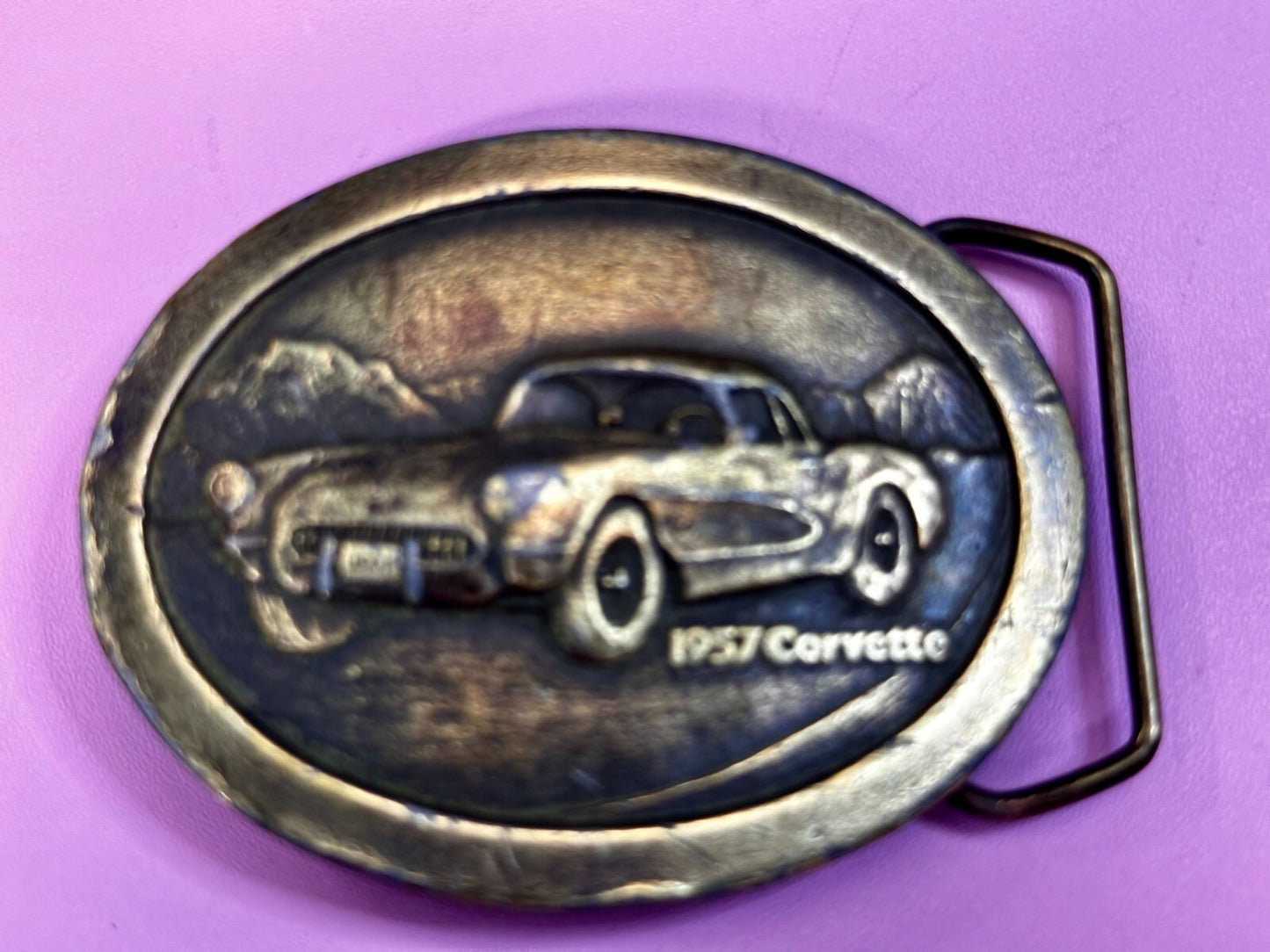 1957 Corvette Chevy Car Collector Brass Tone Indiana Metal Craft Belt Buckle