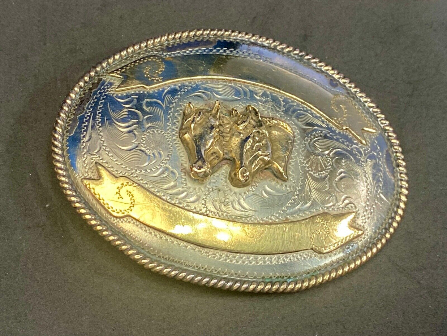 Vintage 4" Three Horse Head's On Alpaca Mexico Belt Buckle Blank Trophy Scroll