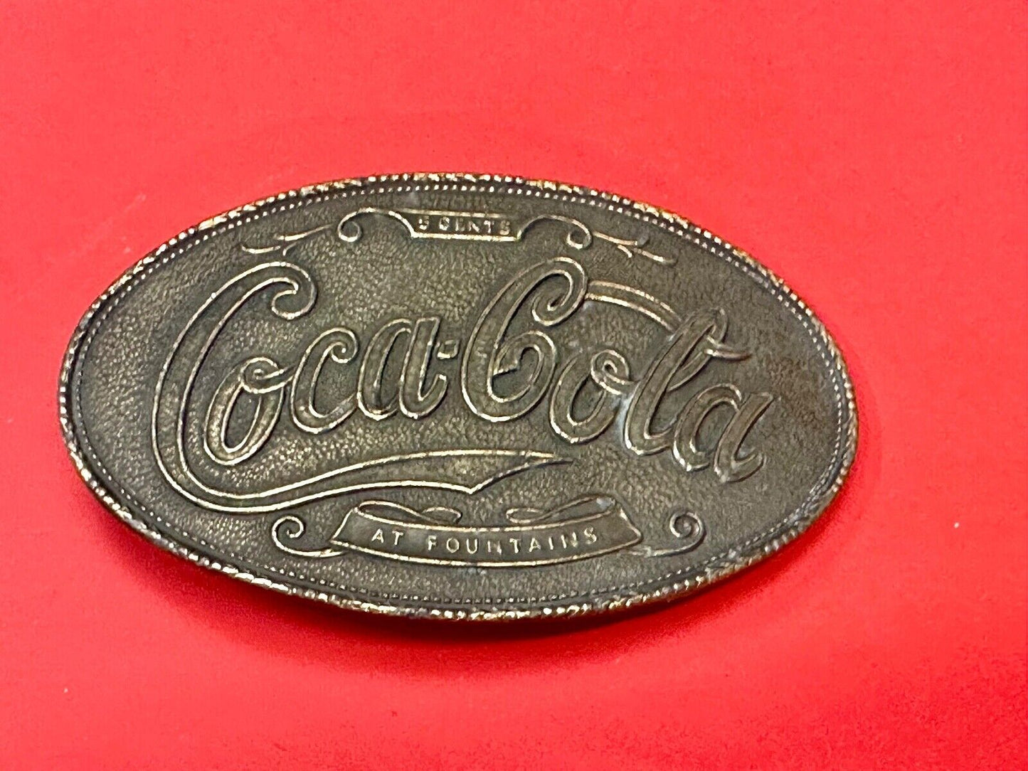 VINTAGE 1970s **COCA-COLA 5 CENTS AT FOUNTAINS** SODA POP BELT BUCKLE