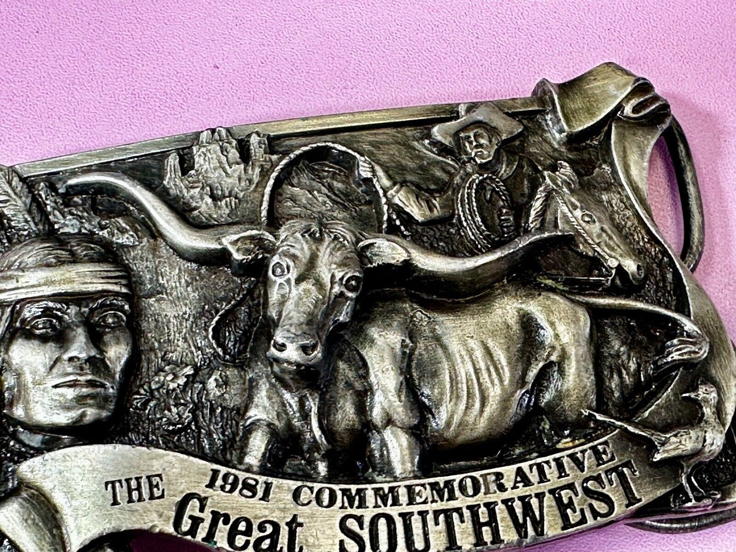 The Great Southwest Navajo Indian Hunter Commemorative Vintage 1981 Belt Buckle