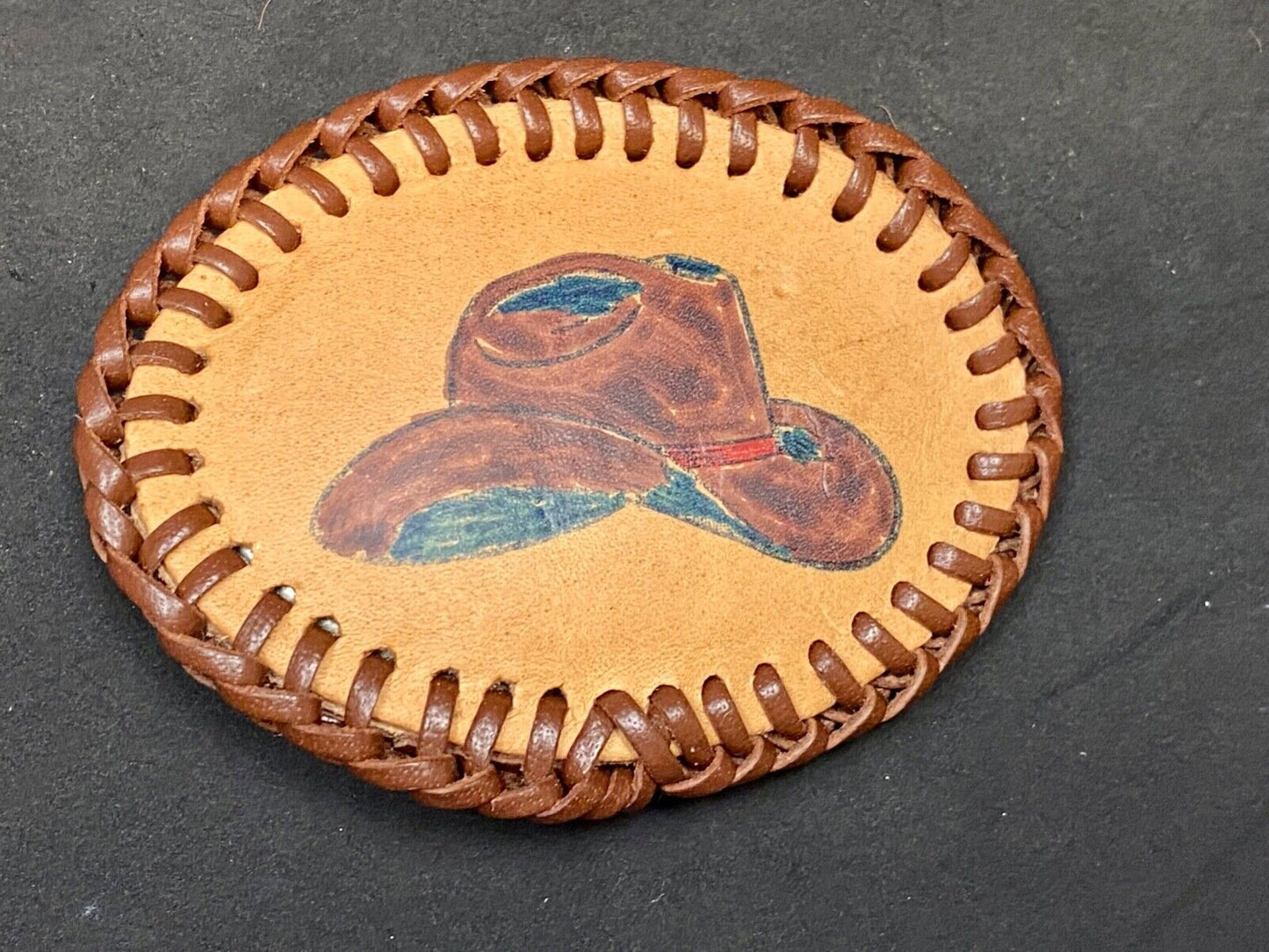 Vintage Cowboy Hat On Hand Stitched Leather Western Oval Belt Buckle