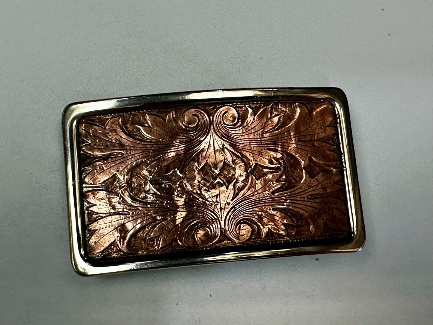 Vintage etched brown leaf pattern two tone Belt Buckle