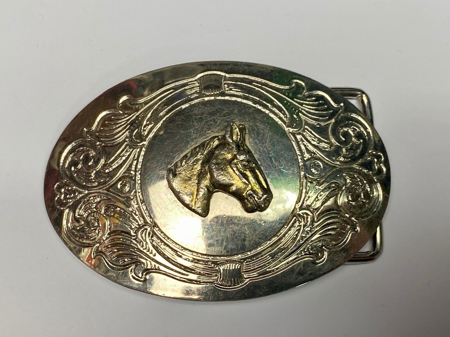 Beautiful Horse Bust Head Mixed Metal On Ornate Western Belt Buckle