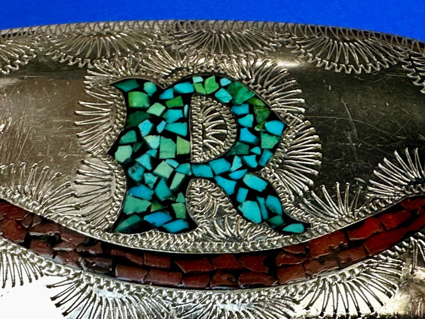 Turquoise & Coral Inlaid Native American Belt Buckle SSH Custom Initial Letter R