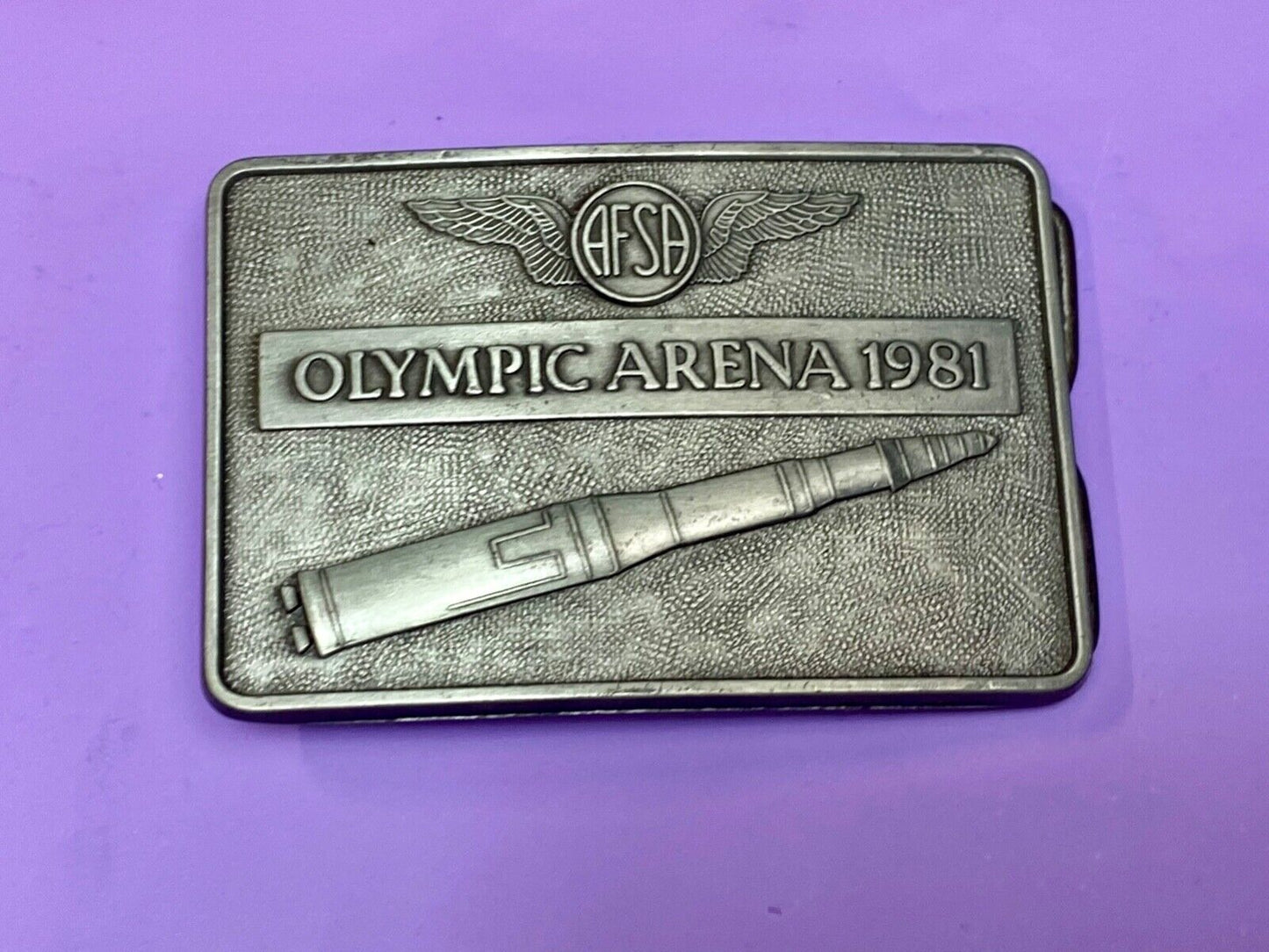 Air Force Sergeants Assn AFSA 1981 OLYMPIC ARENA space rocket Belt Buckle