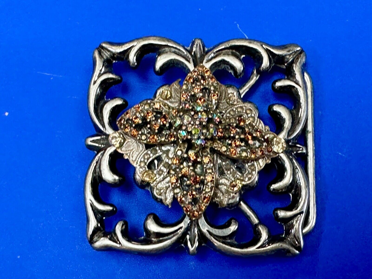 Artisan unique rhinestone mixed media see through silver tone belt buckle