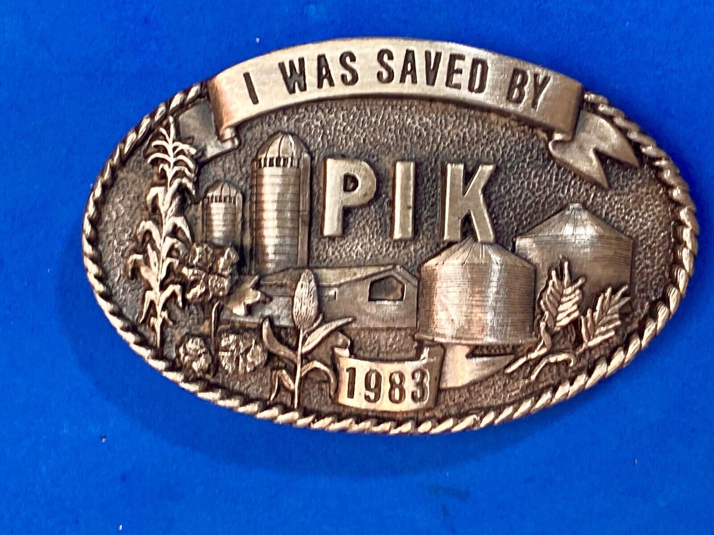 1983 "I Was Saved By PIK" Farm Agriculture Belt Buckle Iowa Premium & Supply Co