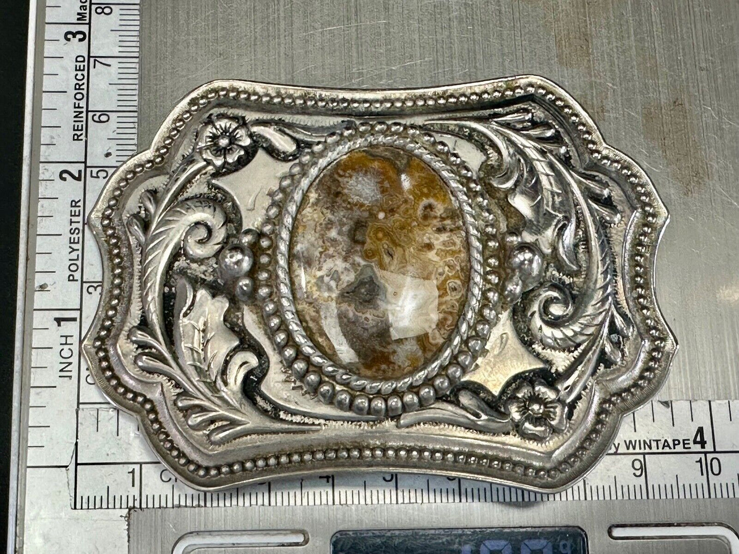 Vintage cabochon cab stone centerpiece on western silver tone belt buckle