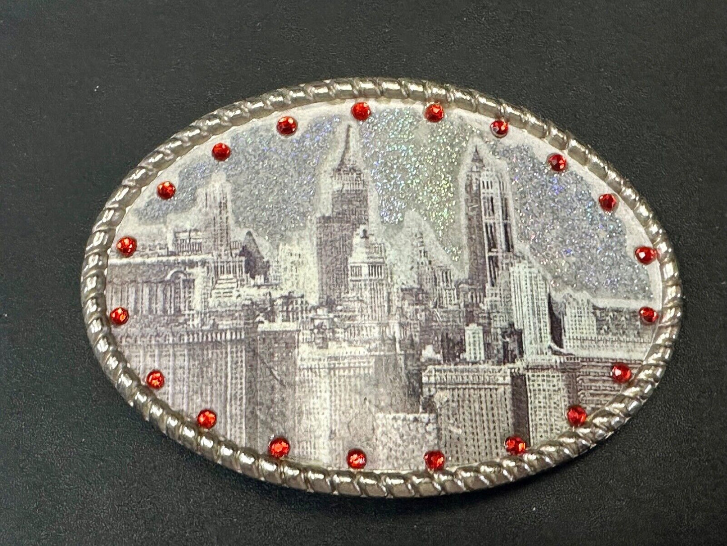 Vintage City Scape Picture Red Rhinestone Accented Oval Belt Buckle