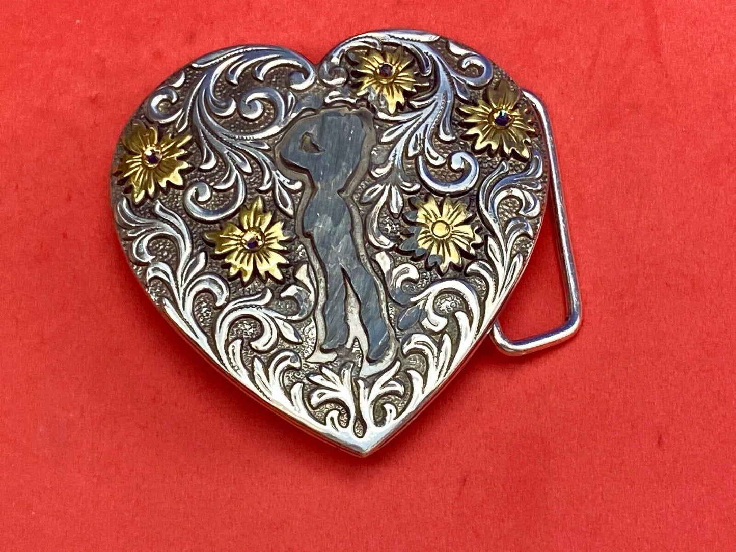 2007 Ivan belt buckle - Western HEART figure of cowgirl? w/ gold color accents