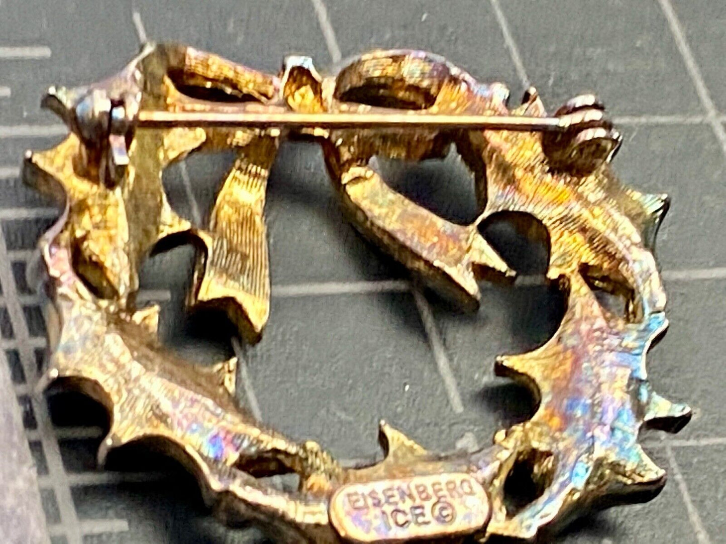 Vintage EISENBERG ICE Christmas Holly Wreath Brooch Pin Red Green Gold Enamel