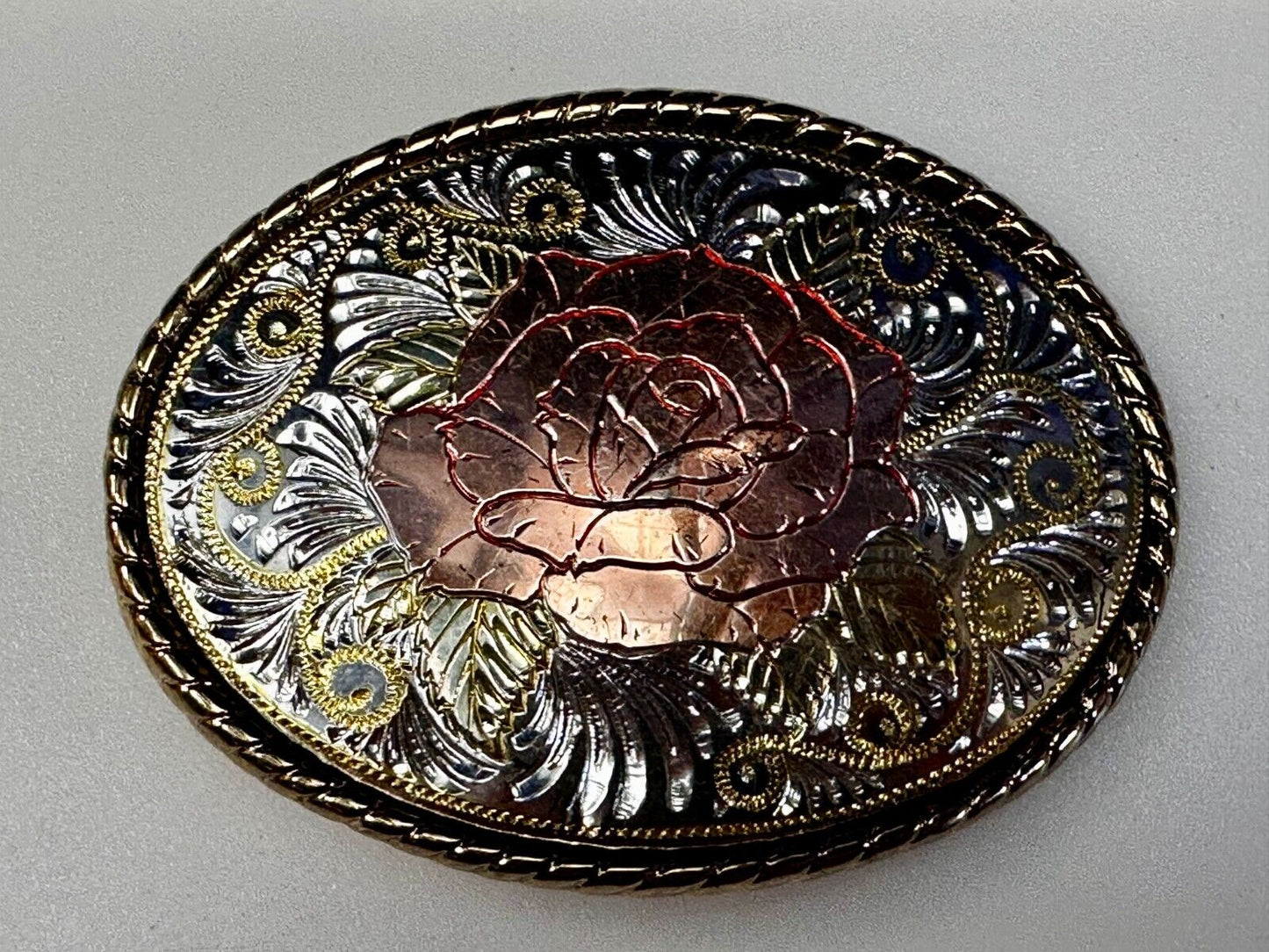 Beautiful Rose Small Etched Flower Swirl Design Vintage Belt Buckle W USA Made