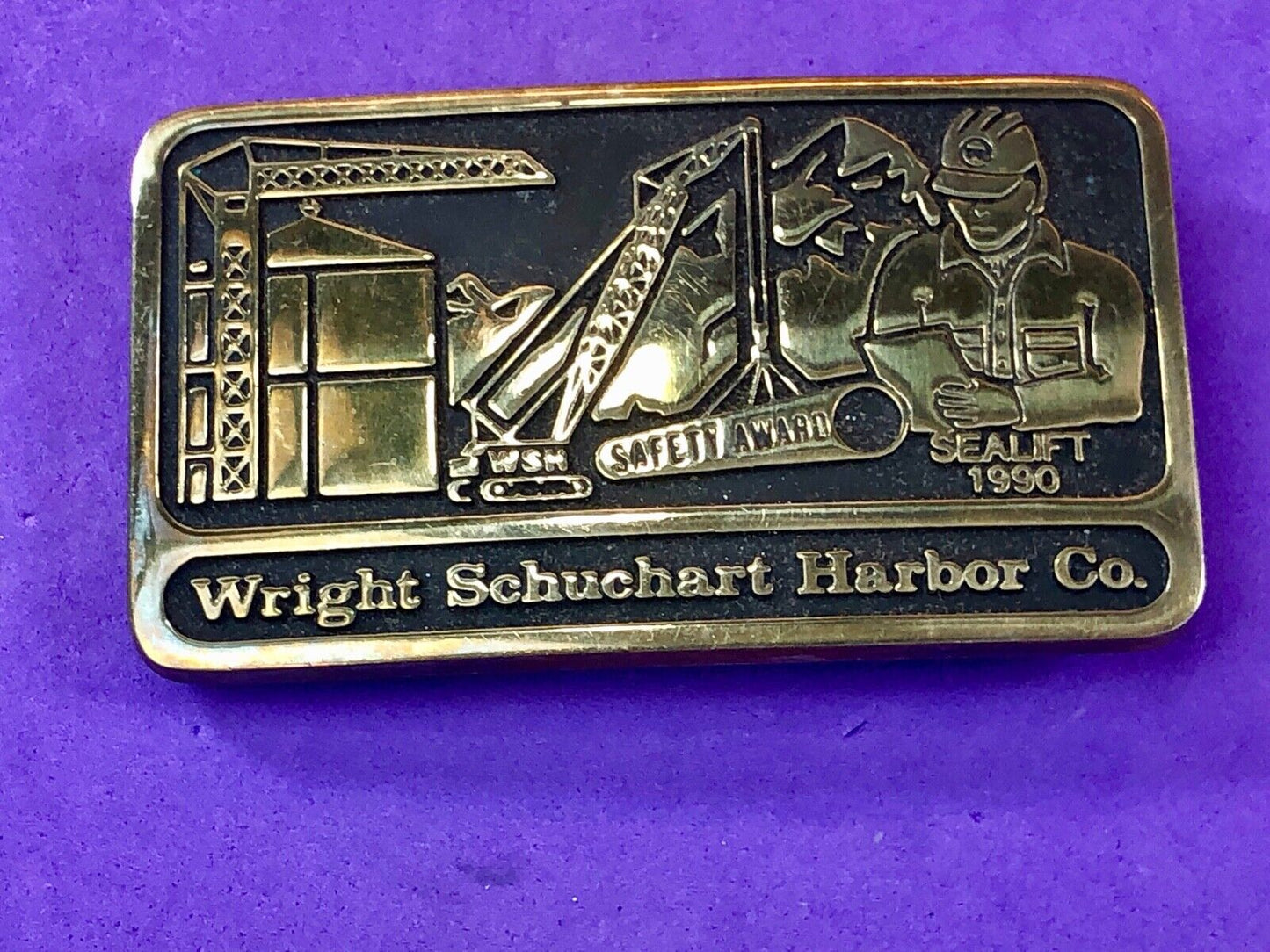 Vintage 1990 hand made solid brass Wright Schuchart Harbor Co promo Belt Buckle