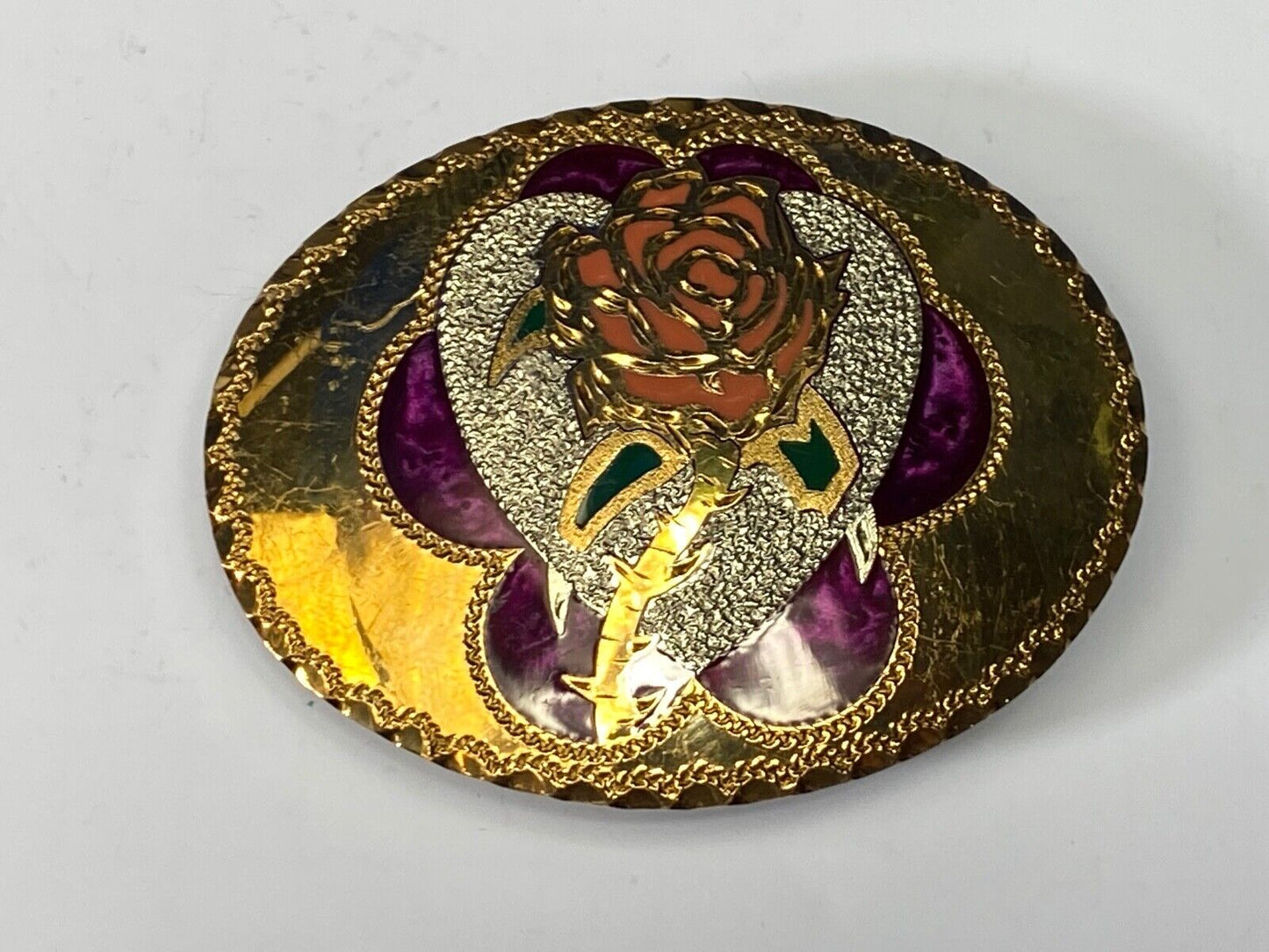 Beautiful Rose - S. O. Steele 1993 vintage inlaid artisan QUALITY belt buckle