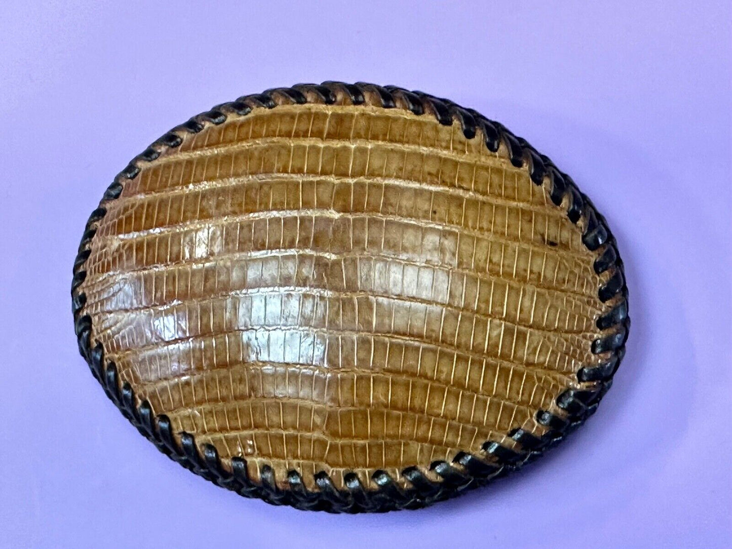 Beautiful lizard Skin brown leather vintage belt buckle with black stitching