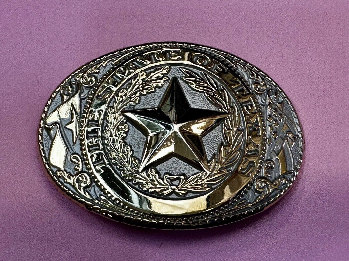 The Great State of Texas Star & Flag western Gold & White Color Belt Buckle
