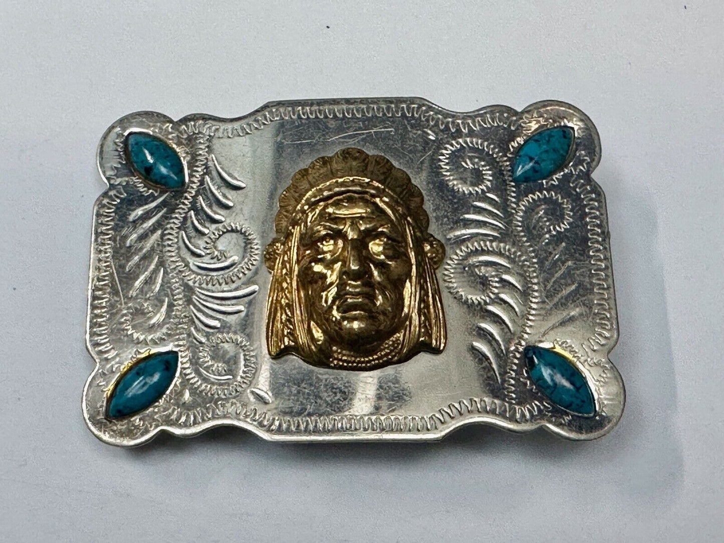 3D Native American Indian Chief & Turquoise stones Nickel Silver Vtg Belt Buckle