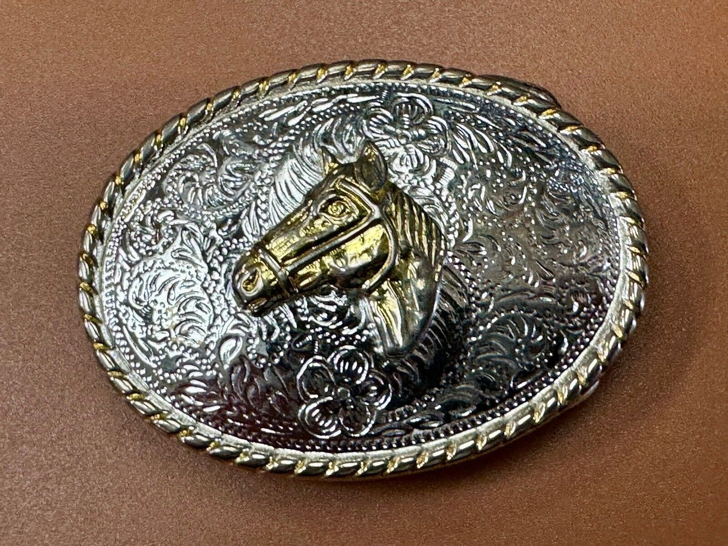 Vintage Horse Head Two tone oval western 2.75" wide belt buckle by Ivan