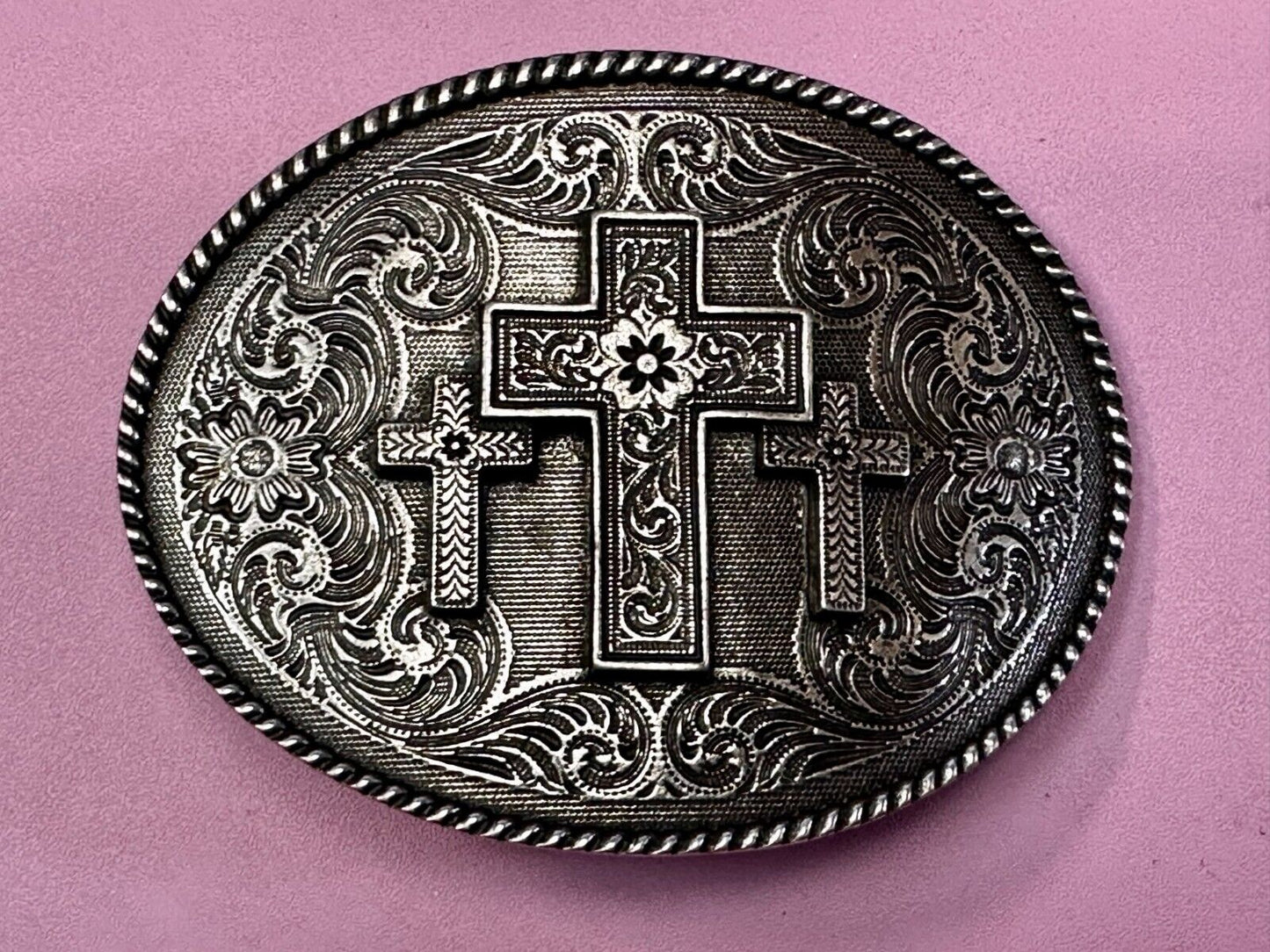 Three Cross Religious Faith Christian Flower Swirl Western Belt Buckle by Taylor