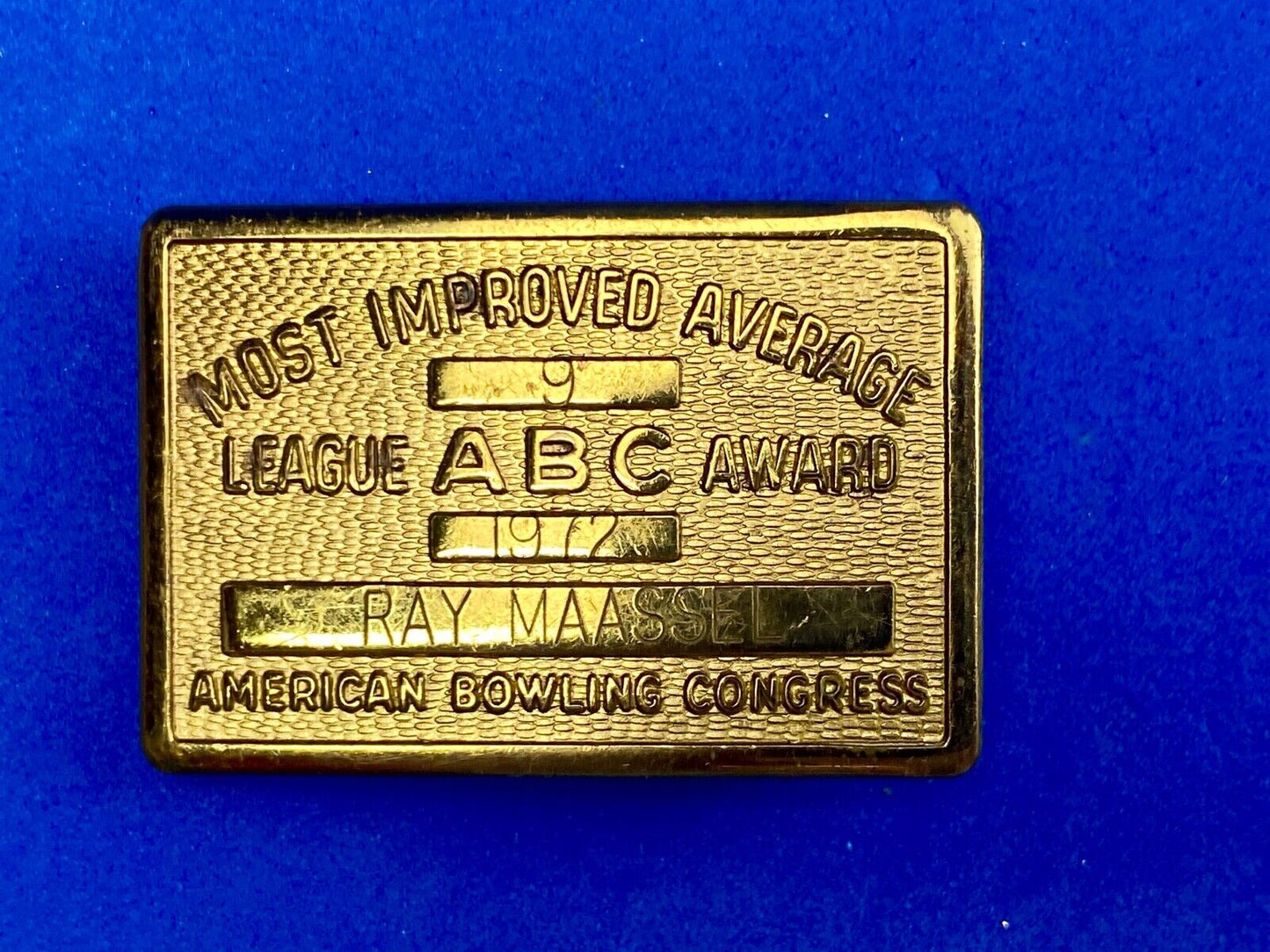 Vintage ABC American Bowling Congress League Award gold tone belt buckle