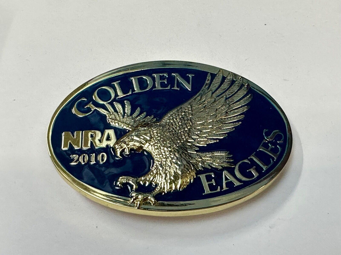 2010 NRA National Rifle Association Golden Eagle blue ribbon belt buckle in box