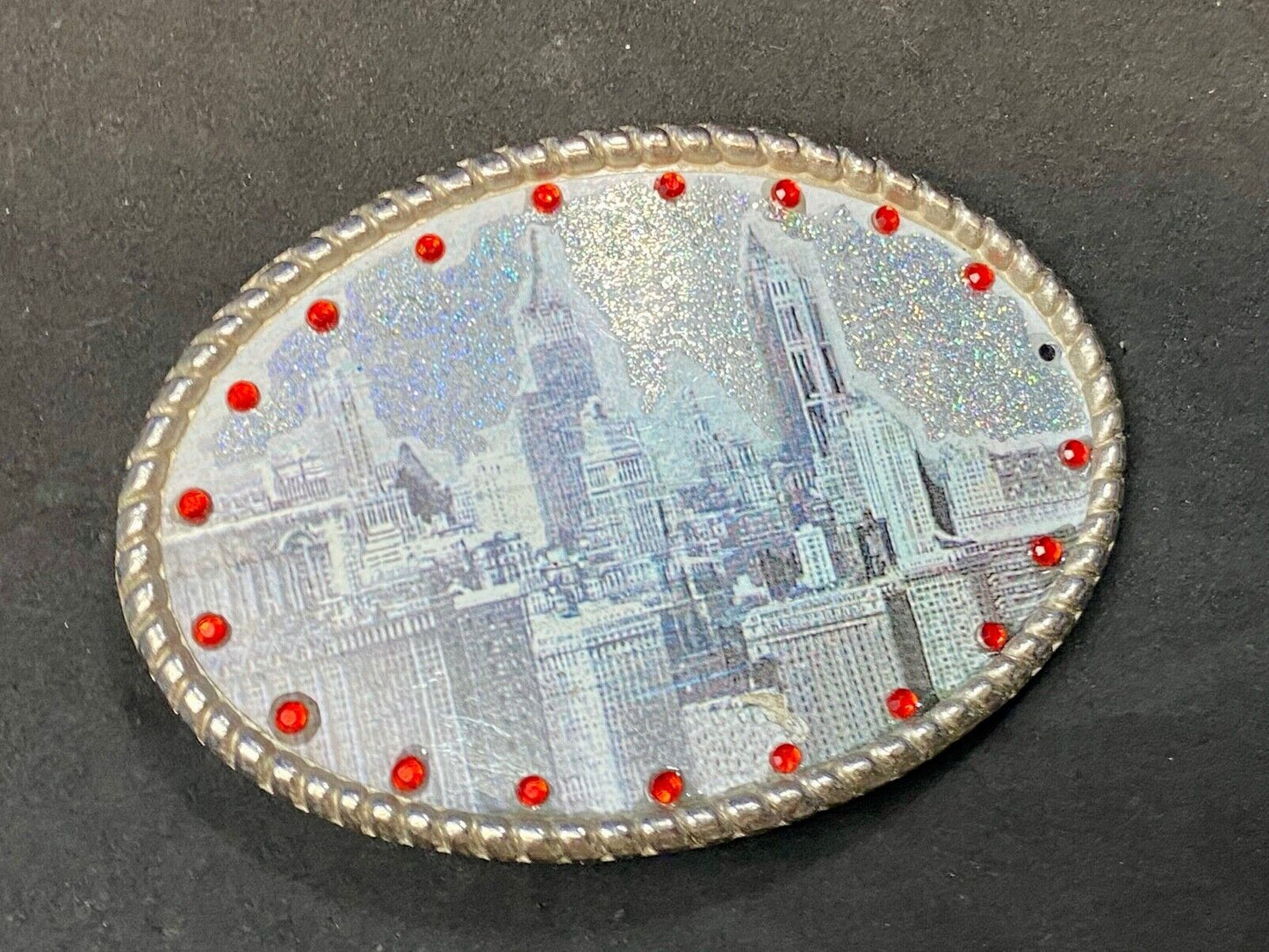 Black & White Cityscape Red Rhinestones Oval belt buckle