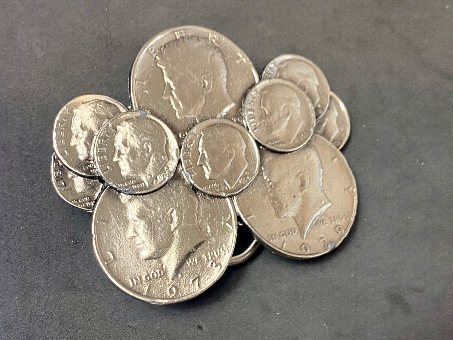 Vintage Coin Collectors Cluster figural 1979 Liberty JFK dimes belt buckle