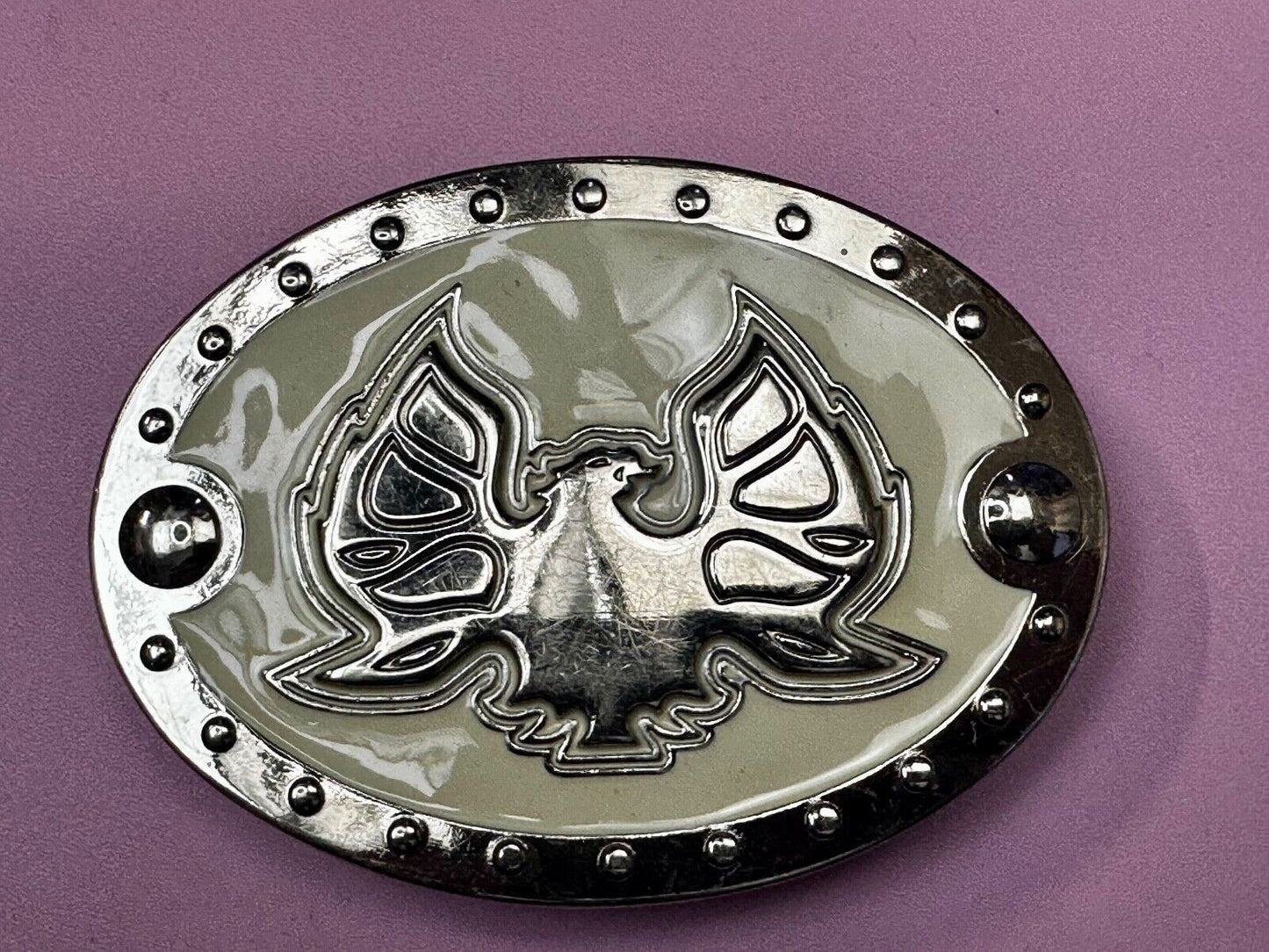 Thunderbird Eagle? Cream Color Enamel Studded Oval Silver Tone Belt Buckle