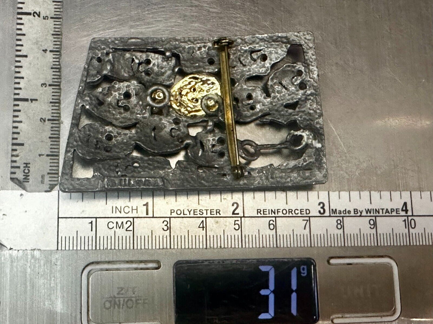 The Standout! Many Faces in Asymmetric Frame Vintage Pewter Brooch Pin by Ultra