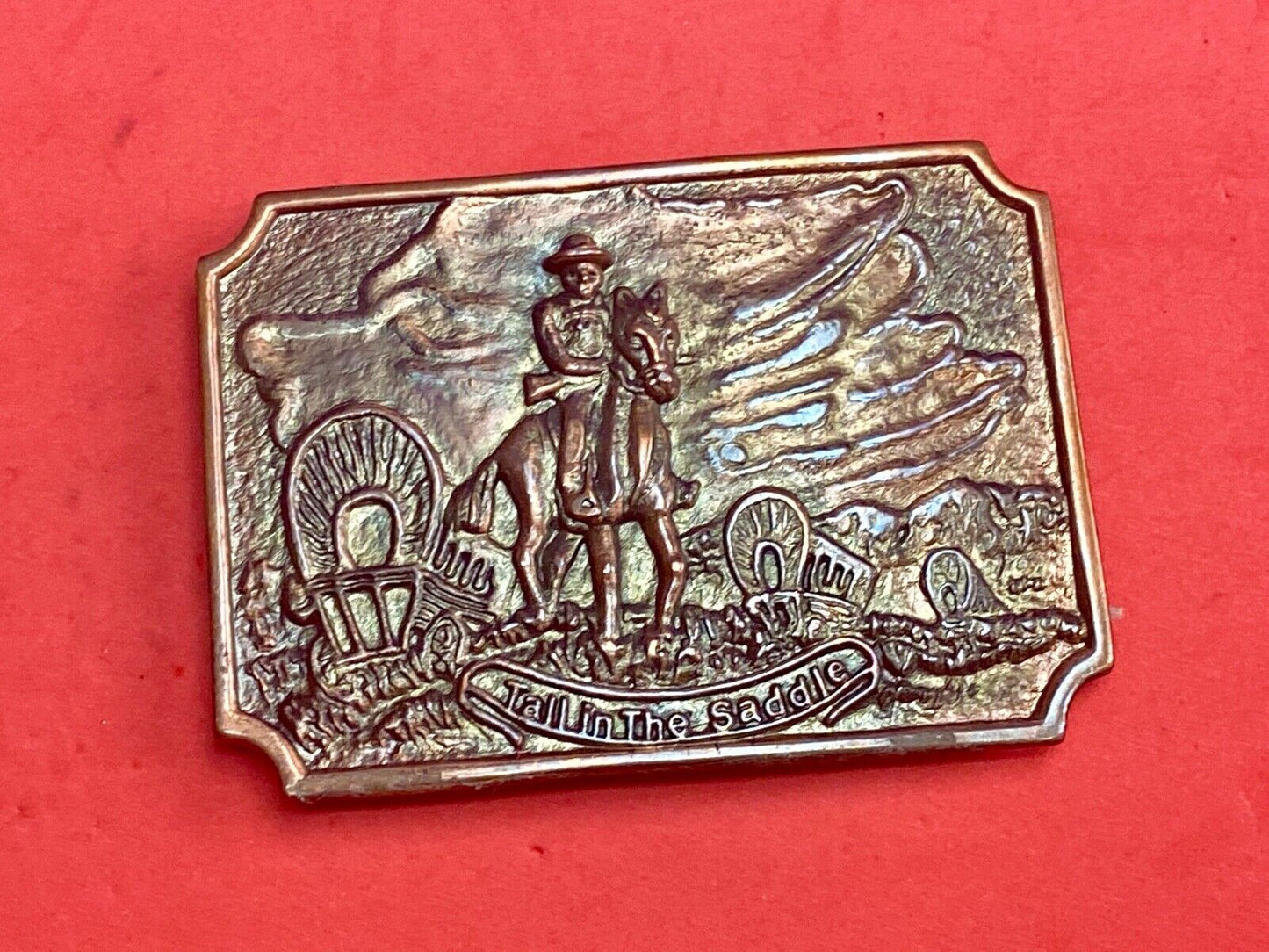 Tall In The Saddle Masked Cowboy And Covered Wagon Western Art Belt Buckle