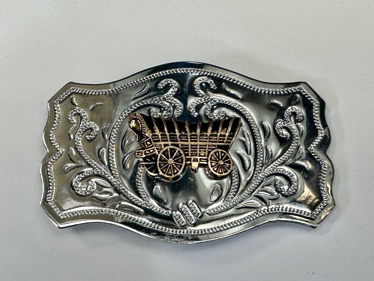 Vintage Covered Wagon - western two tone outlined ornate belt buckle