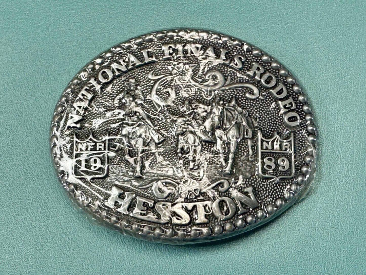 1989 NFR Rodeo Vintage Hesston Belt Buckle Steer Wrestling New Nos