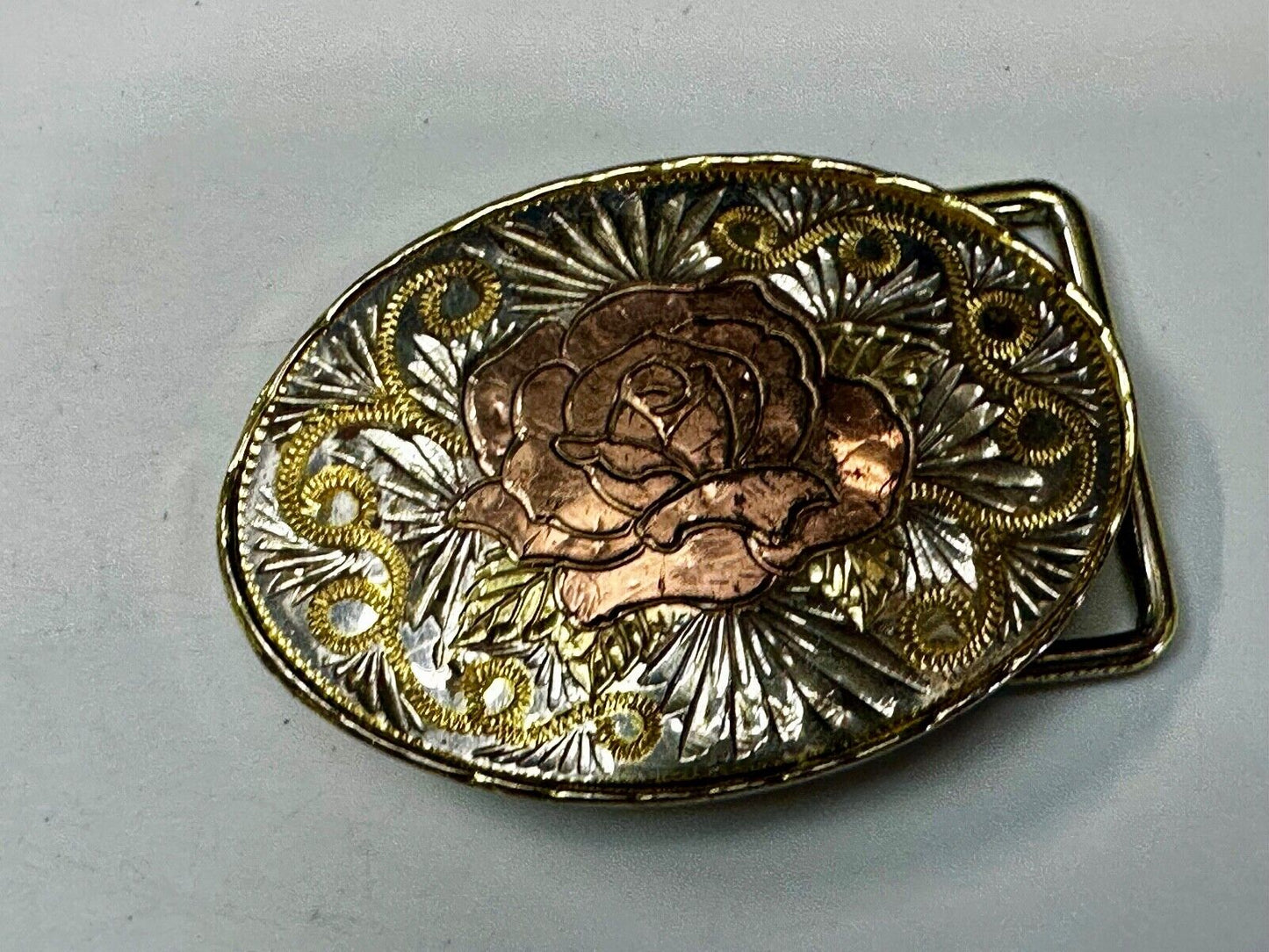 Beautiful Rose Small Etched Flower Swirl Design Vintage Belt Buckle